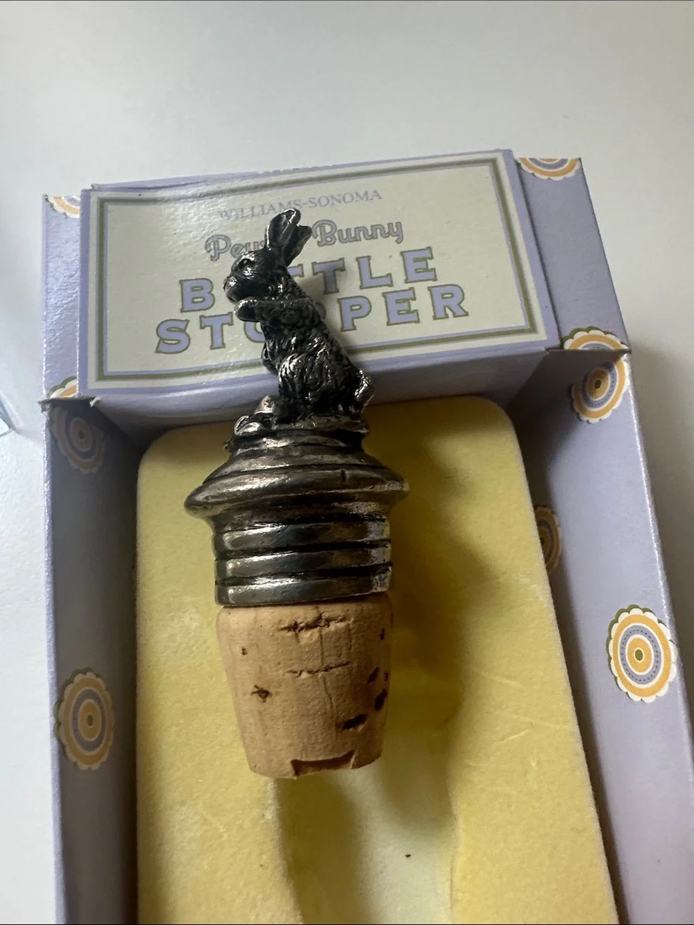 Vintage new Williams-Sonoma Silver Pewter Bunny Bottle Stopper with Natural Cork